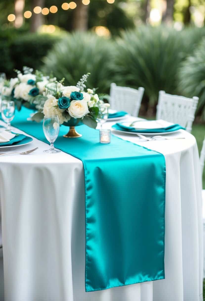 A teal satin table runner drapes elegantly over a white table, adding a pop of teal blue to the wedding decor