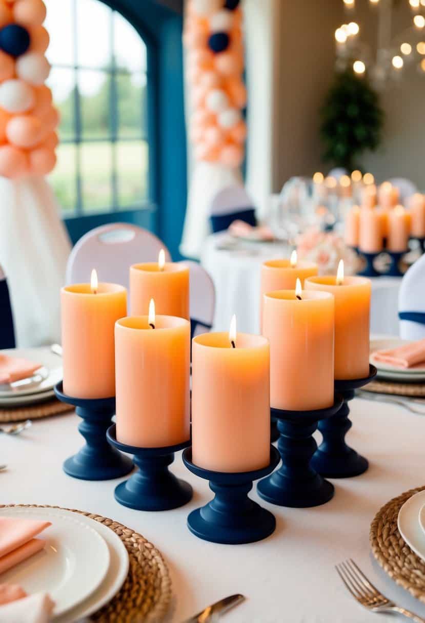 Peach candles in navy holders, arranged on a table with peach and navy wedding decor