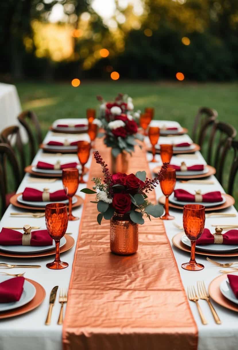 A table set with copper runners and red and rust-colored wedding decor