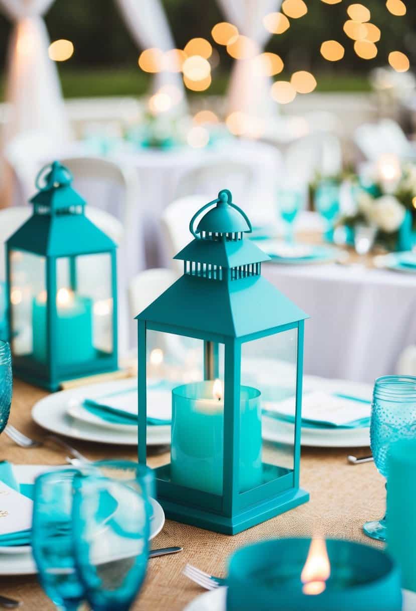A table adorned with turquoise lantern centerpieces, casting a soft teal blue glow, creating a romantic ambiance for a wedding celebration