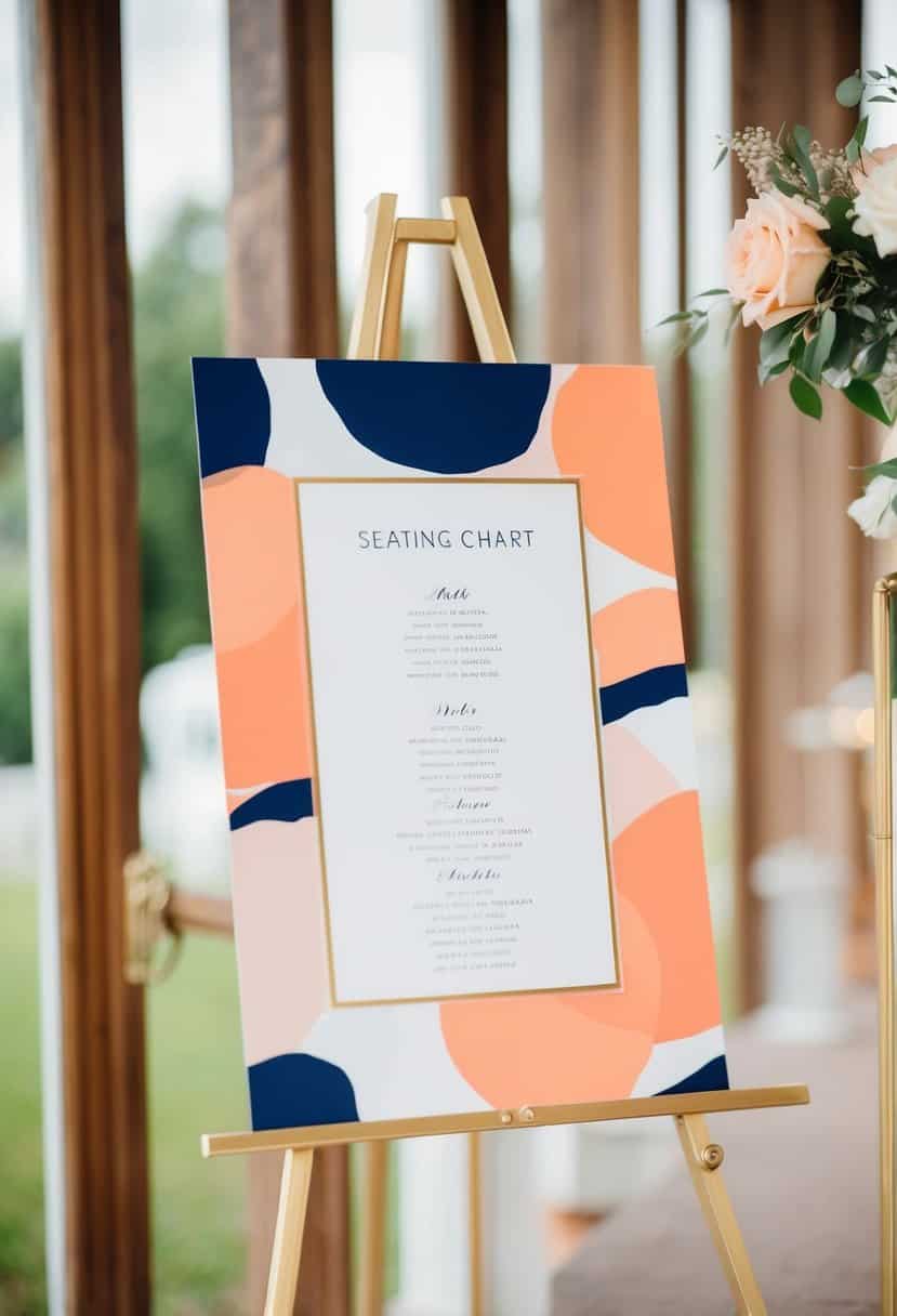 A seating chart with peach and navy color scheme for a wedding