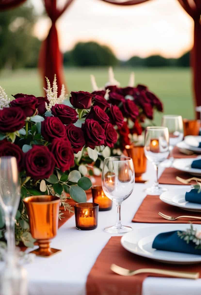 A table set with maroon rose centerpieces surrounded by red and rust-colored decor for a wedding