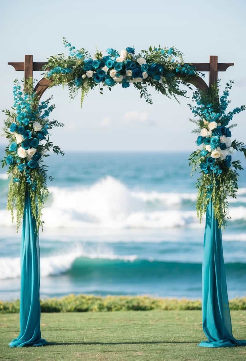 A wedding arch adorned with teal blue flowers stands against the backdrop of the ocean, with waves crashing in the distance