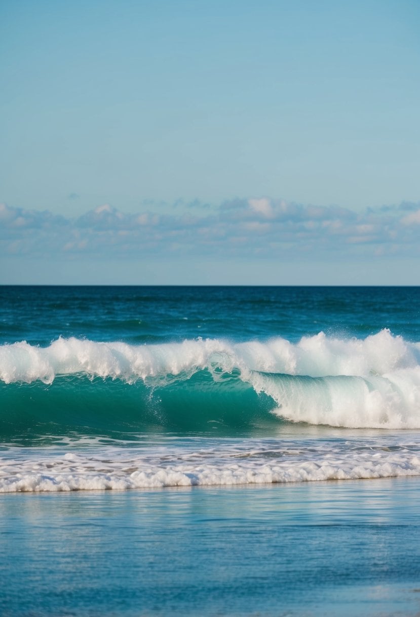 A tranquil beach scene with foamy waves crashing against the shore, set against a backdrop of deep teal blue waters and a clear blue sky