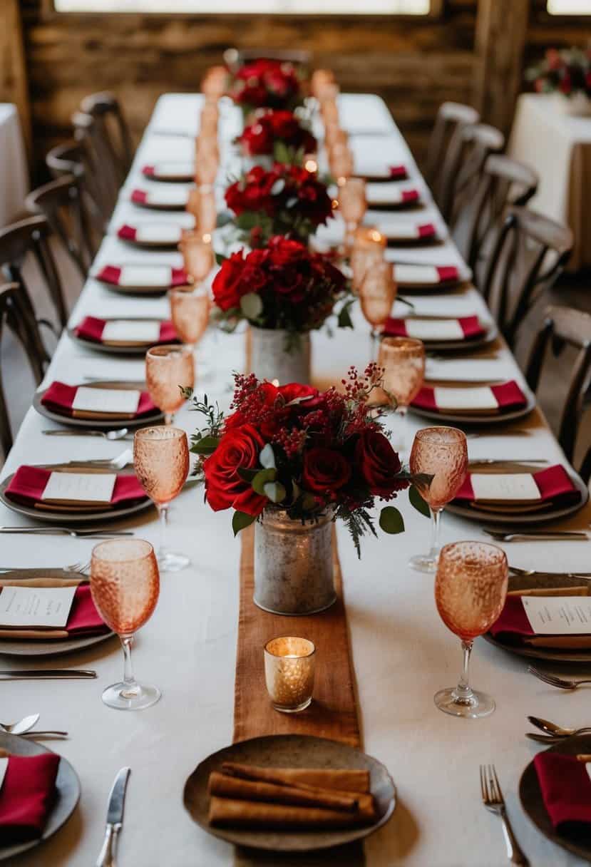 A rustic wedding table adorned with cinnamon-colored accents and red floral arrangements