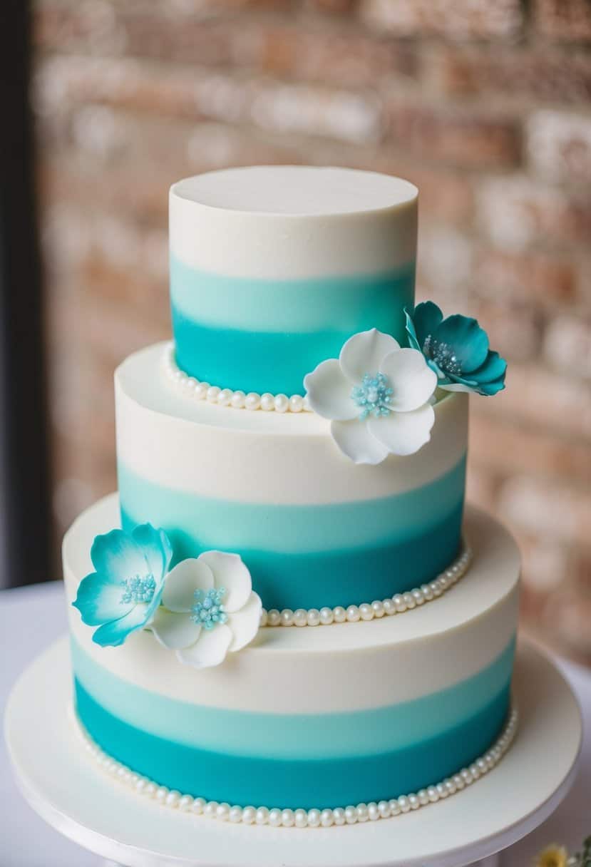 A three-tiered wedding cake with a teal ombre effect, adorned with delicate sugar flowers and shimmering edible pearls