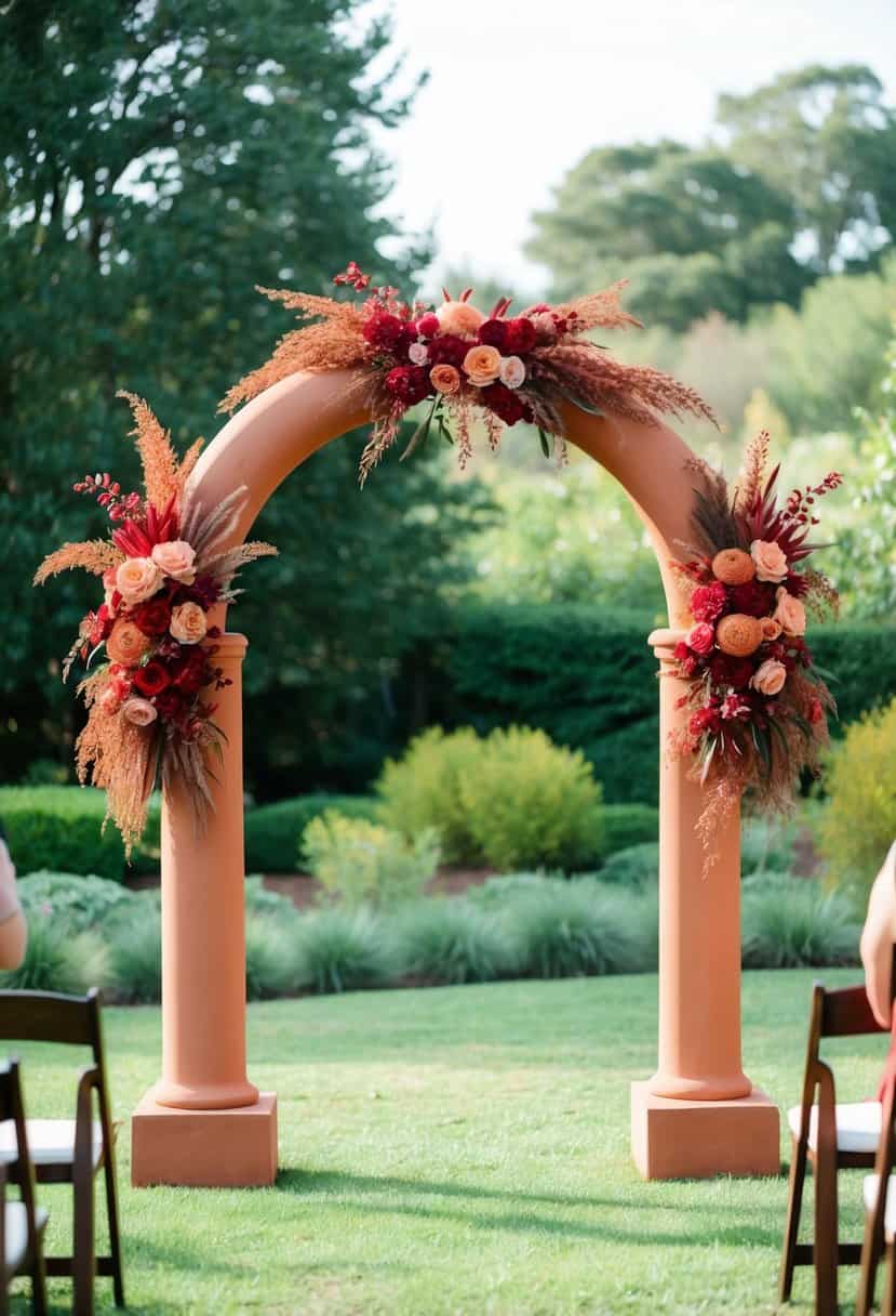 A terracotta ceremony arch adorned with red and rust florals stands in a lush garden setting