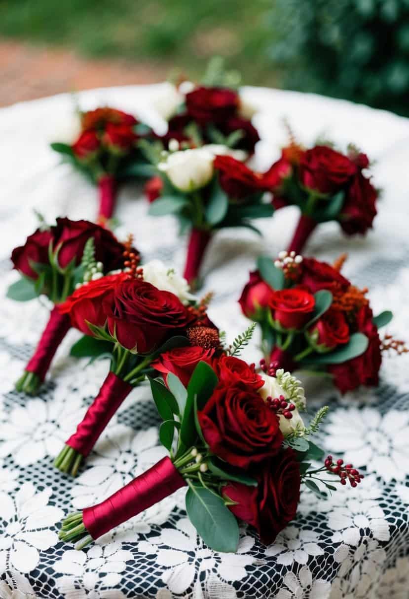 Crimson and rusty boutonnieres arranged on a white lace tablecloth