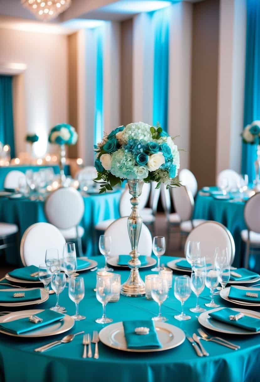 Teal blue and silver decor with aqua accents, elegant and modern wedding reception setting