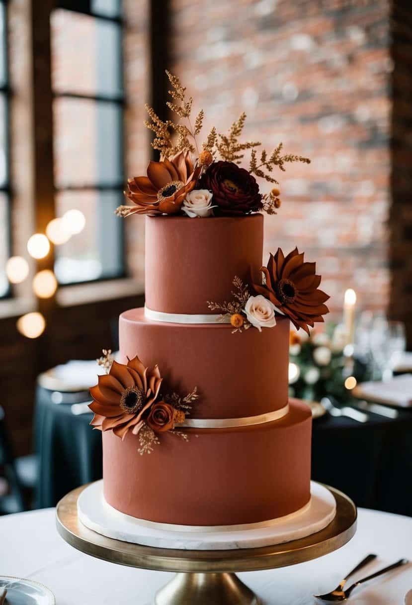 A three-tiered brick red wedding cake adorned with rust-colored flowers and gold accents