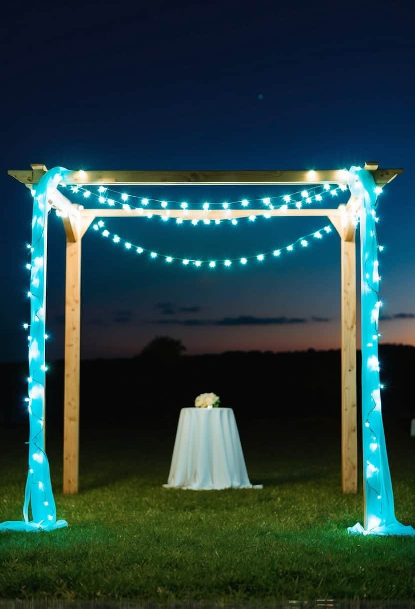 Teal blue fairy lights draped around an outdoor wedding arch, illuminating the night sky