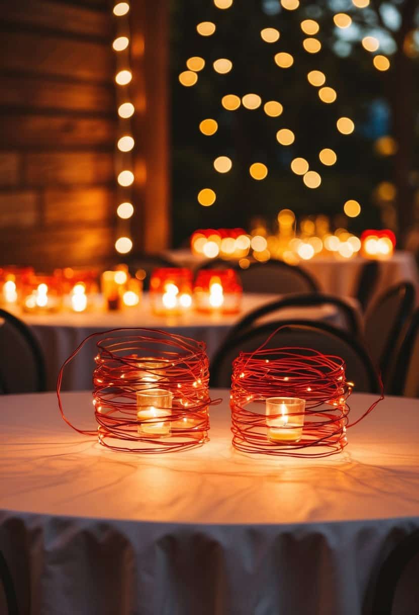 Red and rust fairy lights illuminate a wedding table, casting a warm and romantic glow