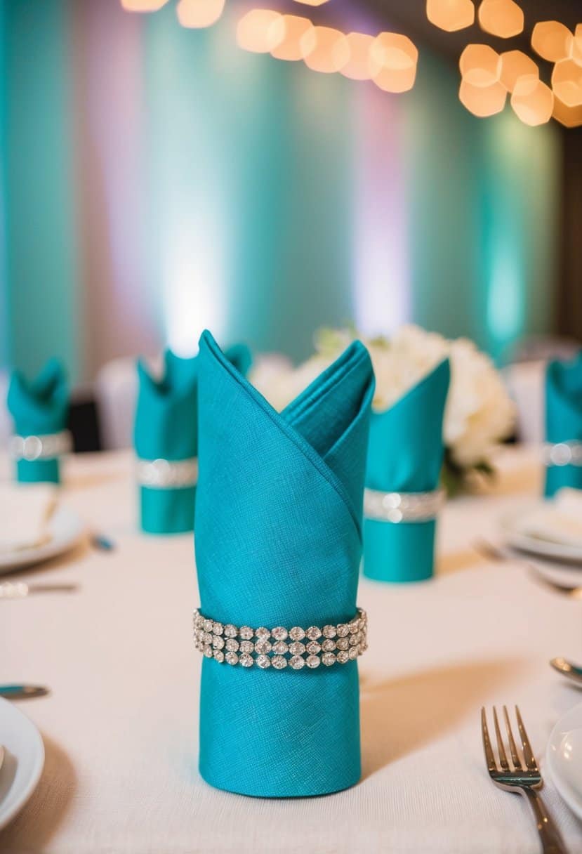Turquoise napkin rings arranged on a table with teal blue wedding decor