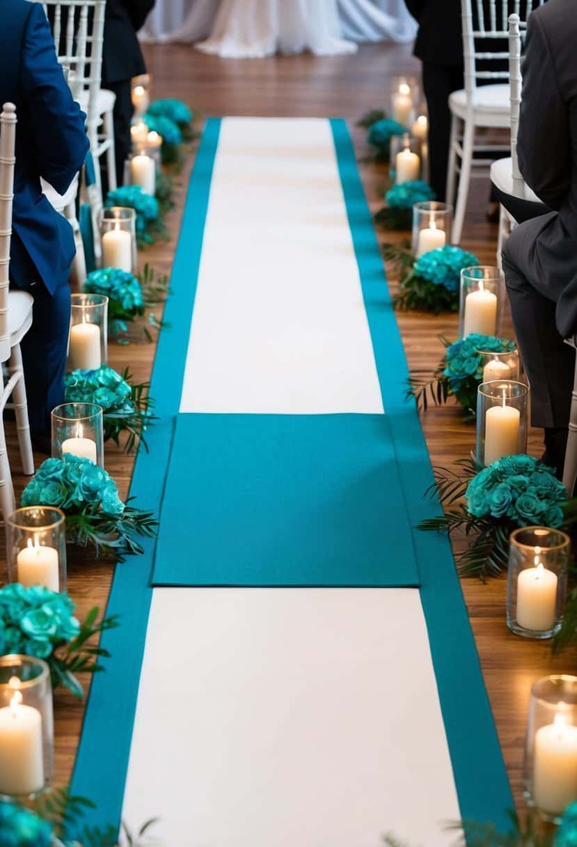 A teal aisle runner leading through a wedding ceremony, surrounded by teal blue flowers and decorations