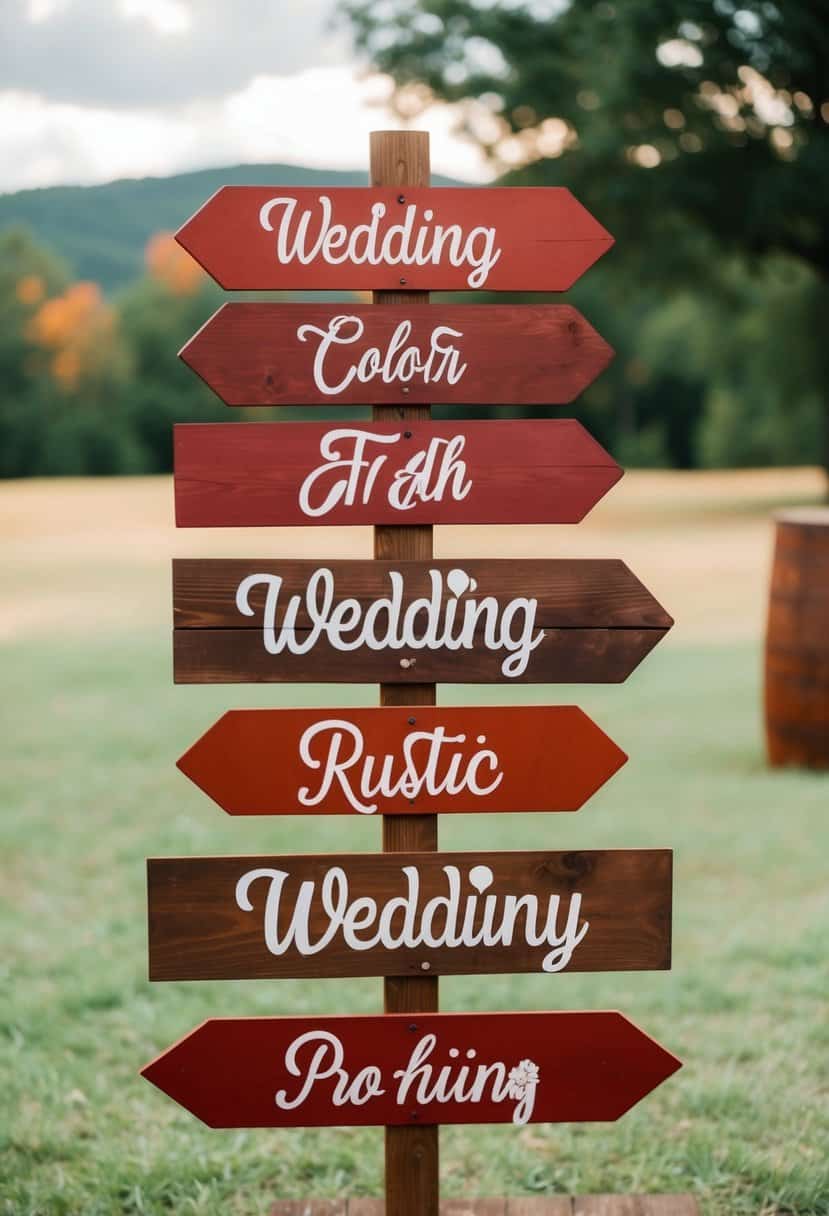 A rustic wedding scene with mahogany wooden signs in red and rust colors