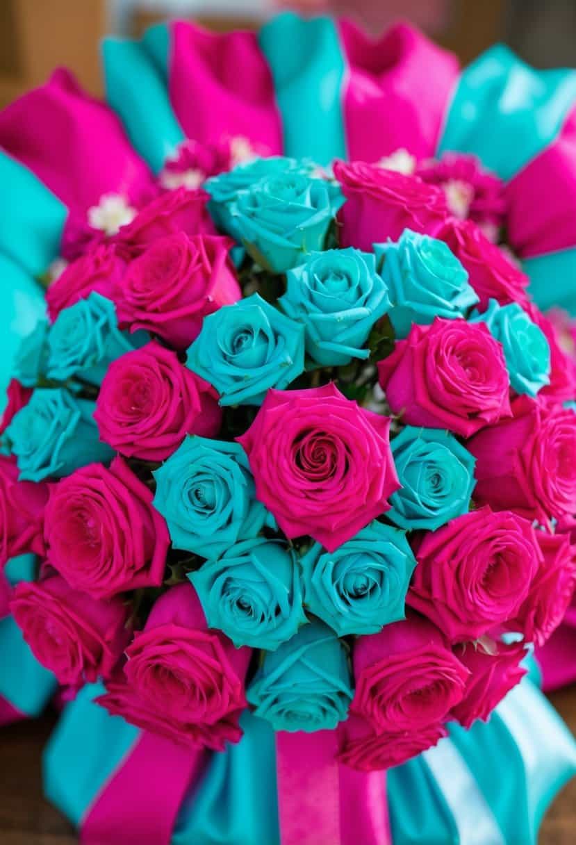 A vibrant bouquet of hot pink and aqua bridesmaid dresses arranged in a beautiful display