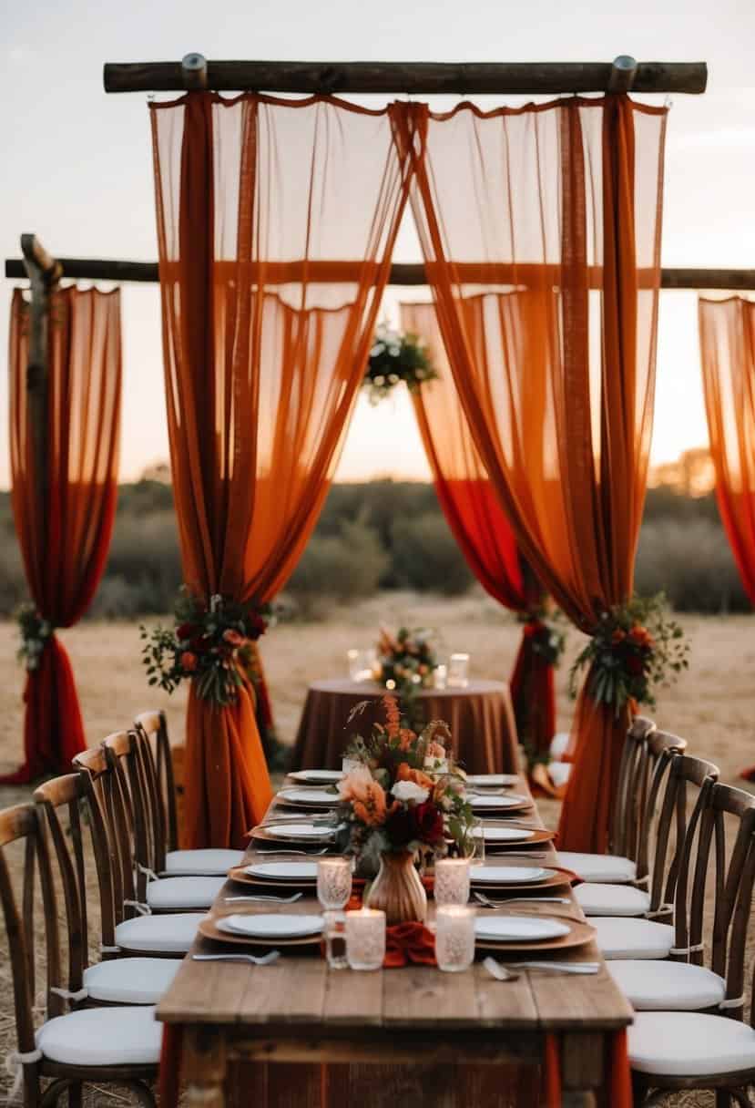 A rustic wedding scene with burnt sienna drapery, red and rust accents, and earthy decor