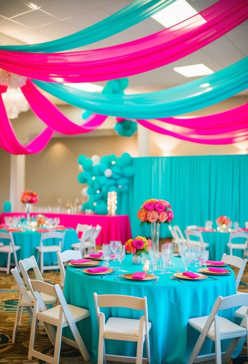 A vibrant Tiffany blue reception decor with hot pink and aqua accents, creating a colorful and lively wedding atmosphere