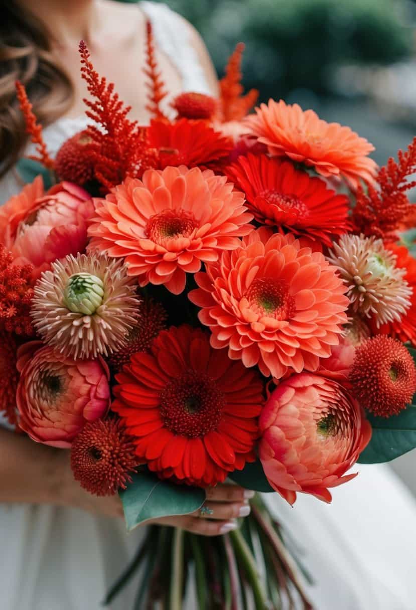 Vibrant coral and rusty red flowers arranged in a wedding bouquet