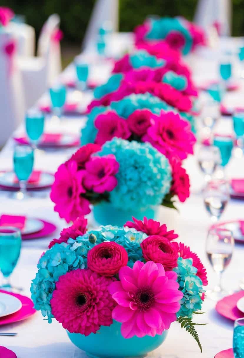 Vibrant fuchsia and aqua floral centerpieces arranged on a white tablecloth, adding a pop of color to a wedding reception