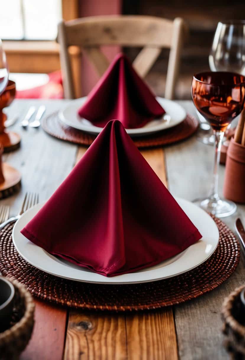 A table set with wine-colored napkins, surrounded by rustic decor and accents in shades of red and rust