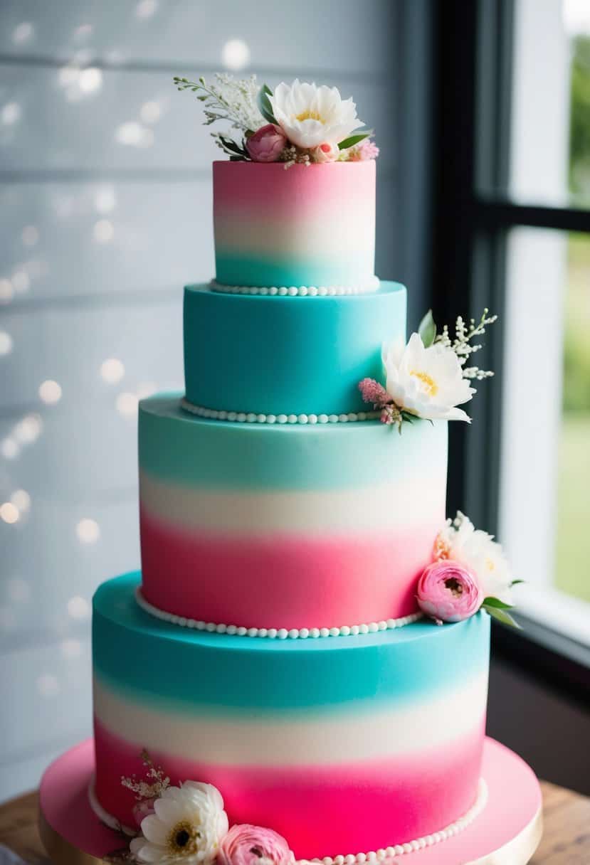A multi-tiered wedding cake with a smooth ombre transition from aqua to hot pink, adorned with delicate floral accents
