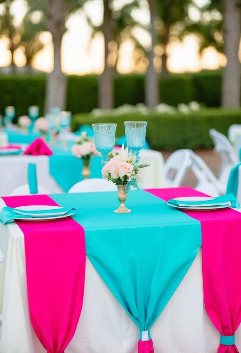 Two turquoise table runners adorned with hot pink and aqua accents for a wedding reception