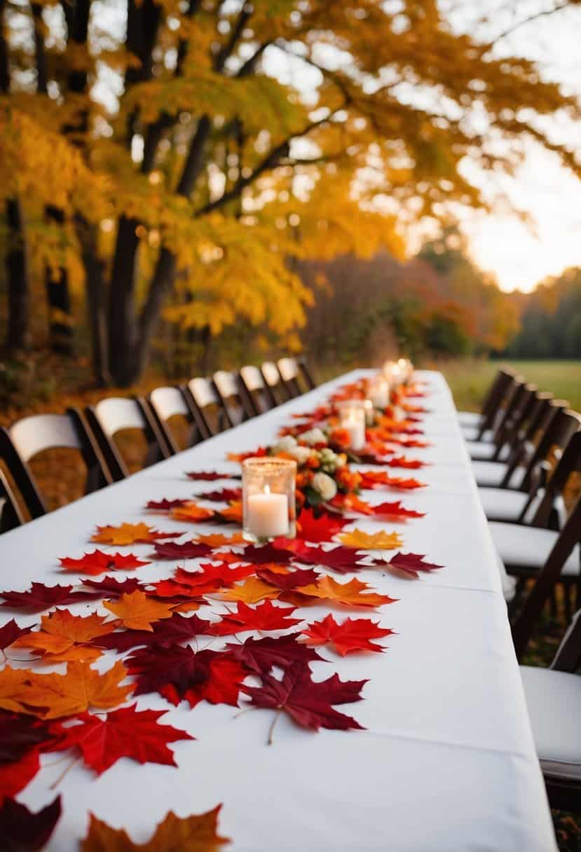 A wedding table adorned with red and rust-colored maple leaf confetti, set against a backdrop of autumn foliage