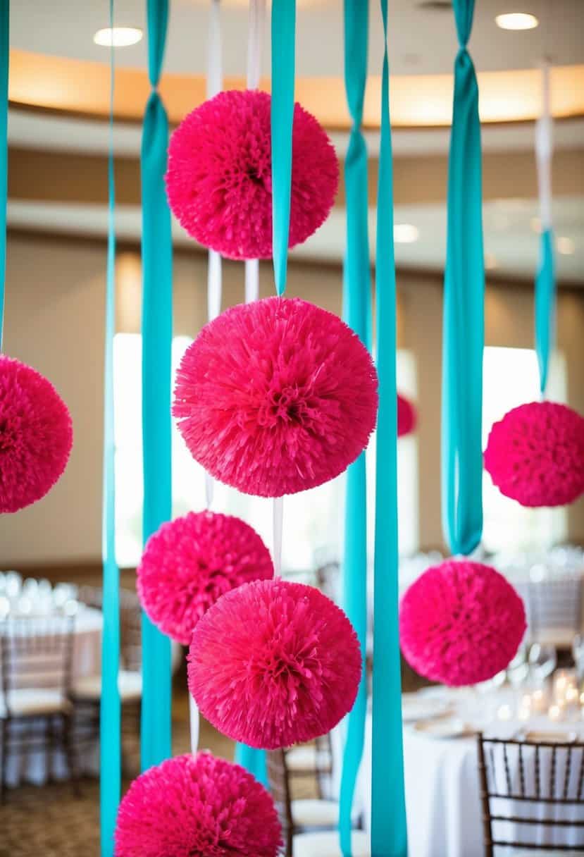 Hot pink pomander balls hanging from aqua ribbons in a wedding reception hall