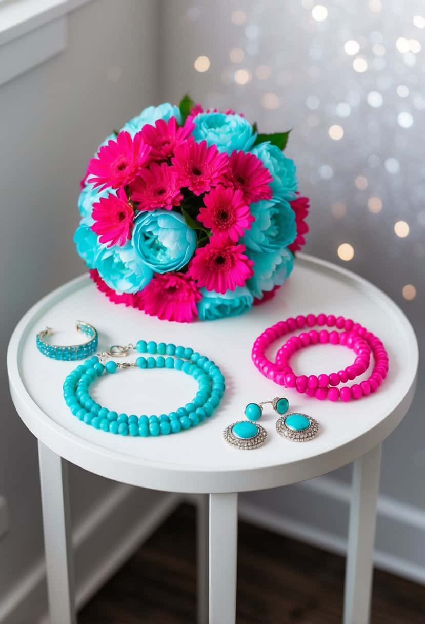 Aqua and hot pink jewelry laid out on a white table next to a bouquet of aqua and hot pink flowers