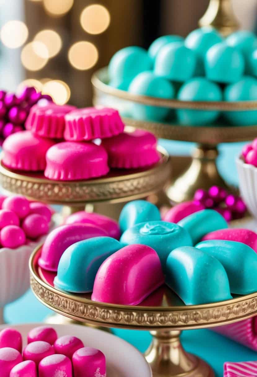 A vibrant candy bar with fuchsia and turquoise treats arranged in an elegant display