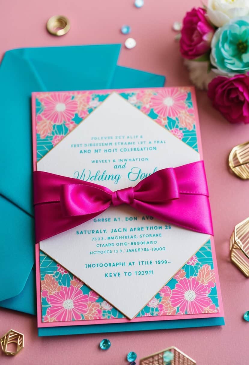 A hot pink and aqua wedding invitation suite with floral and geometric patterns, tied with a satin ribbon