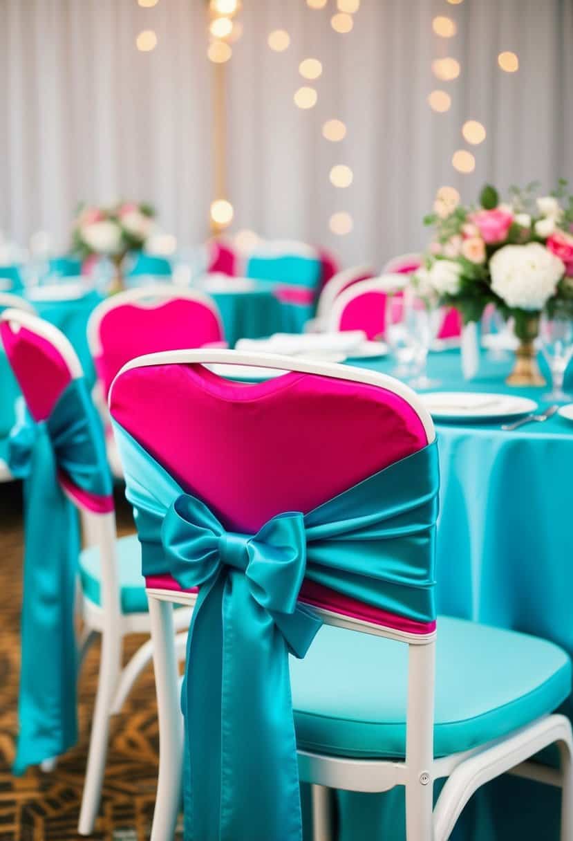 Aqua satin chair sashes draped over hot pink and aqua chairs at a wedding reception
