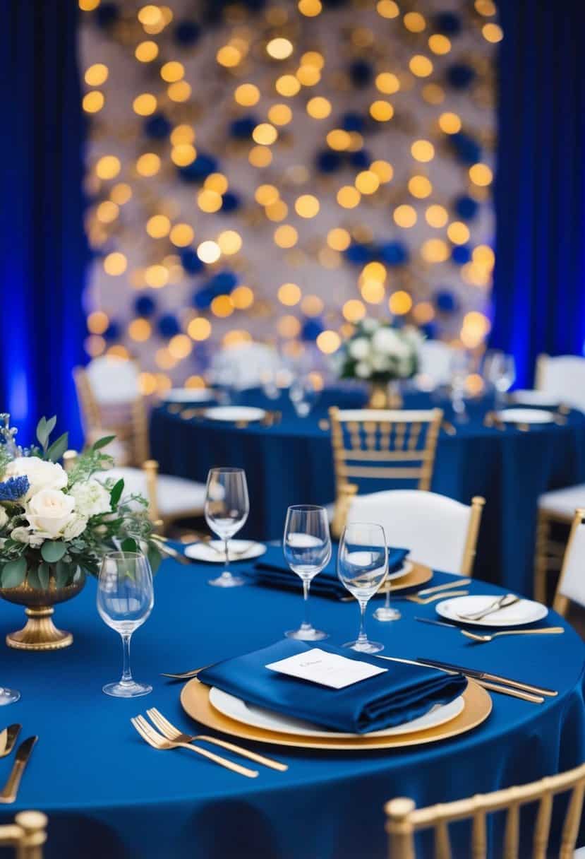 Navy table linens with gold accents set against a backdrop of royal blue decor for a luxurious wedding color palette