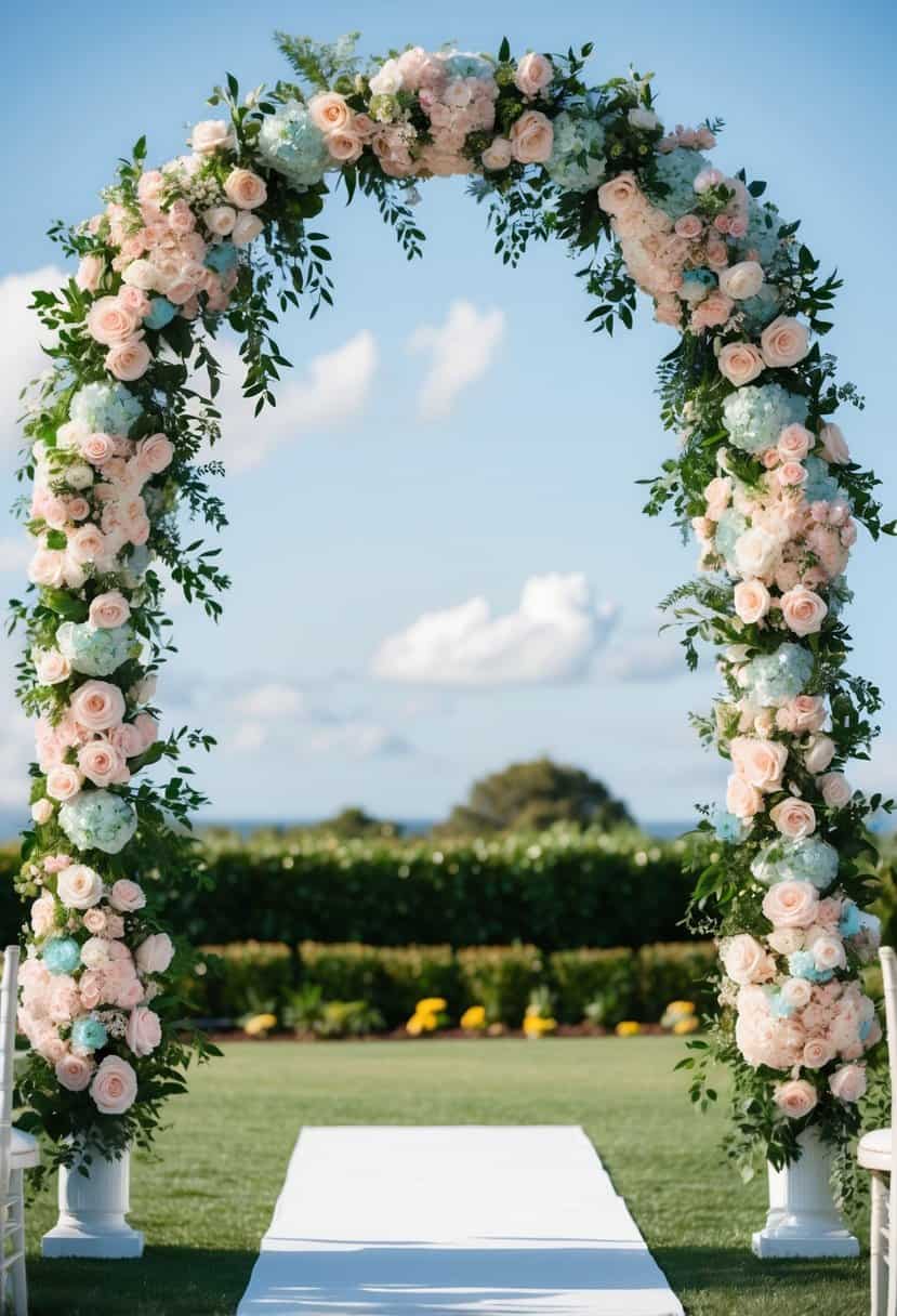 Two wedding arches adorned with blush and aqua flowers, set against a backdrop of lush greenery and a clear blue sky