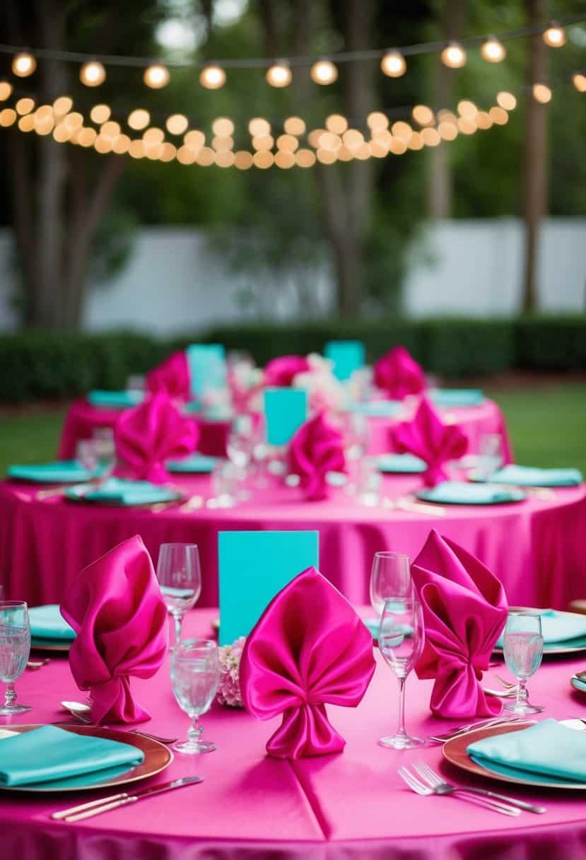 A table set with fuchsia satin linens, adorned with hot pink and aqua wedding decor