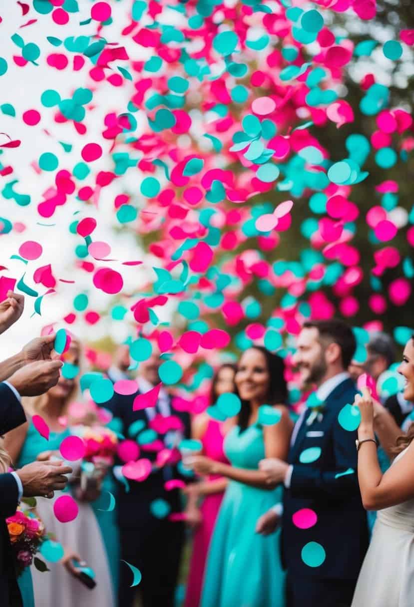 Vibrant aqua and hot pink confetti swirling in the air, creating a festive and colorful wedding celebration