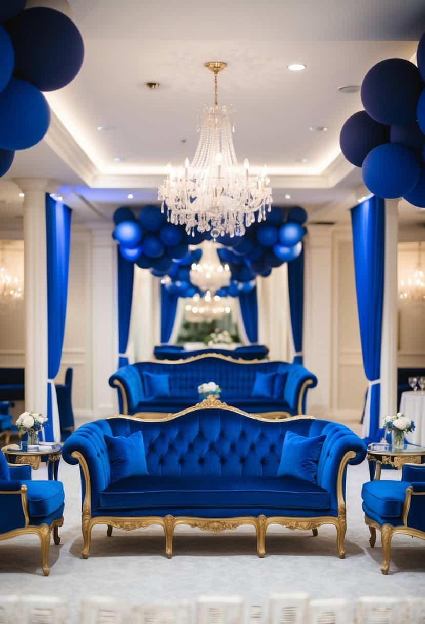 Royal blue velvet lounge furniture arranged in an elegant setting, complemented by royal blue wedding color palette accents