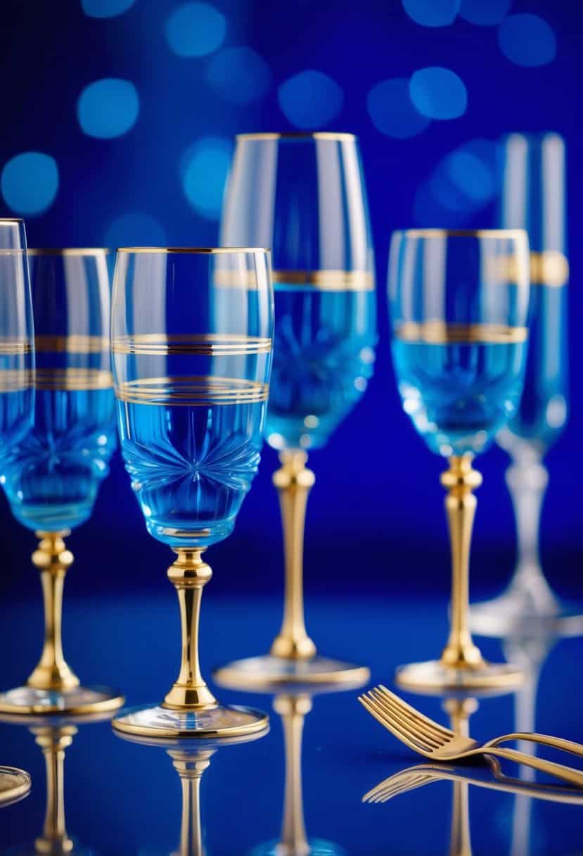 Gold-rimmed glassware filled with blue water, set against a royal blue backdrop for a wedding color palette