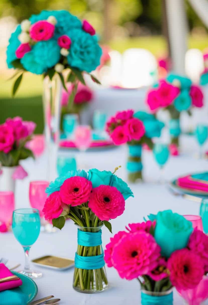 A vibrant wedding scene with hot pink and aqua turquoise boutonnieres adorning tables and decor