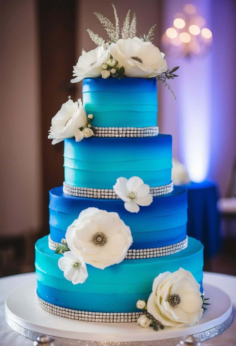 A three-tiered wedding cake with royal blue ombre layers, adorned with delicate white flowers and silver accents