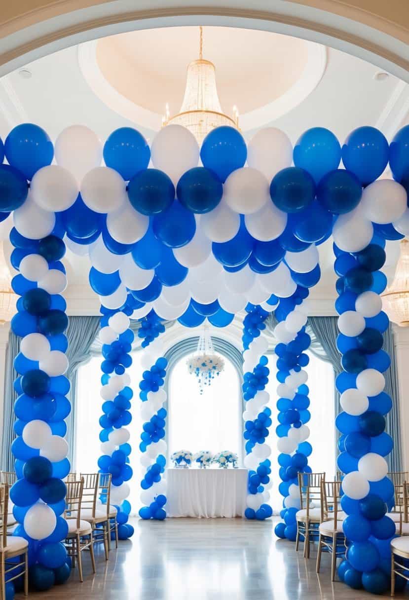 Royal blue and white balloon garlands cascading from a grand archway, creating a stunning display for a royal blue wedding color palette