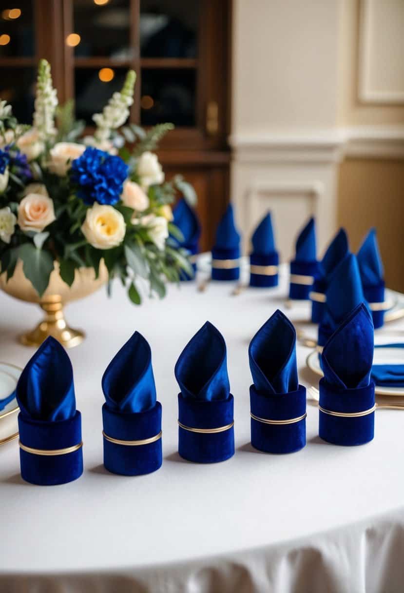 Royal blue velvet napkin rings arranged on a table with matching tablecloth and floral centerpiece