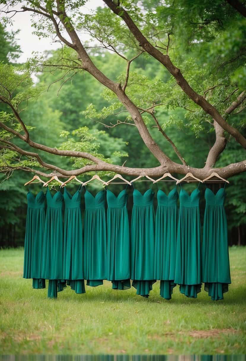 A serene forest clearing with rows of elegant forest green bridesmaid dresses hanging from tree branches, surrounded by lush greenery