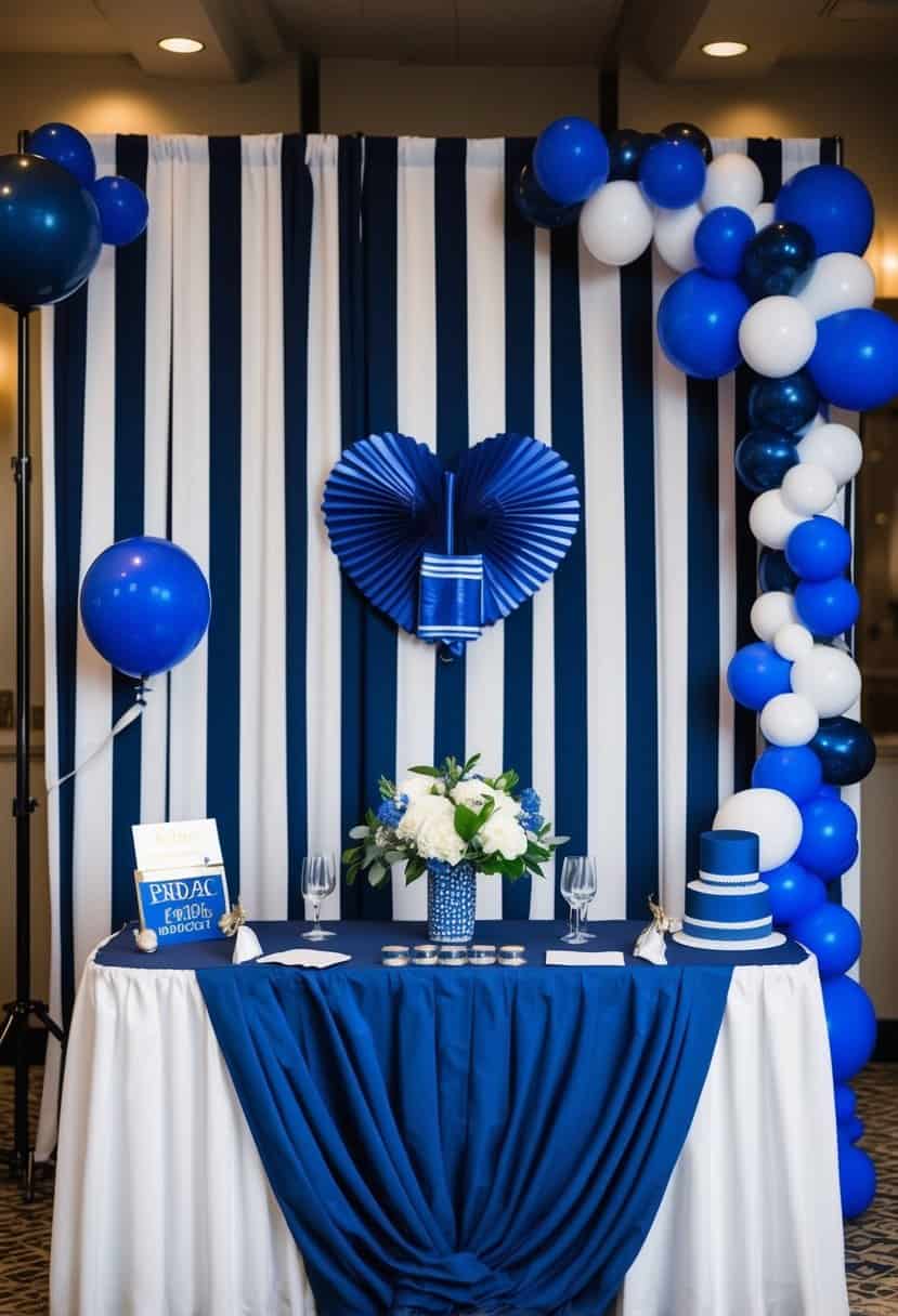A navy and white striped photo booth backdrop with royal blue wedding decor and accessories