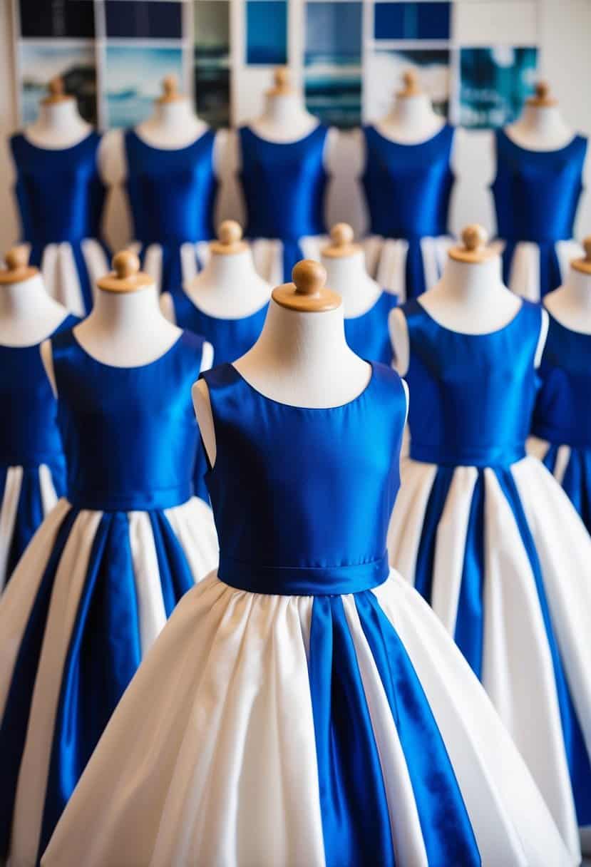 A group of royal blue silk flower girl dresses arranged in a wedding color palette display