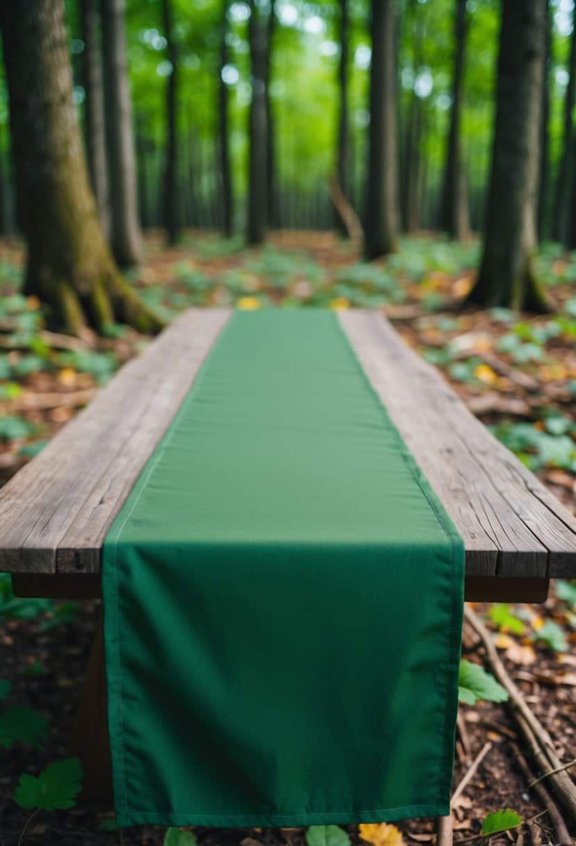 An army green table runner blending into a forest floor with scattered foliage and twigs