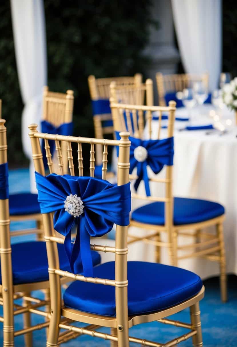 Gold chiavari chairs with royal blue cushions arranged in an elegant setting for a royal blue wedding color palette