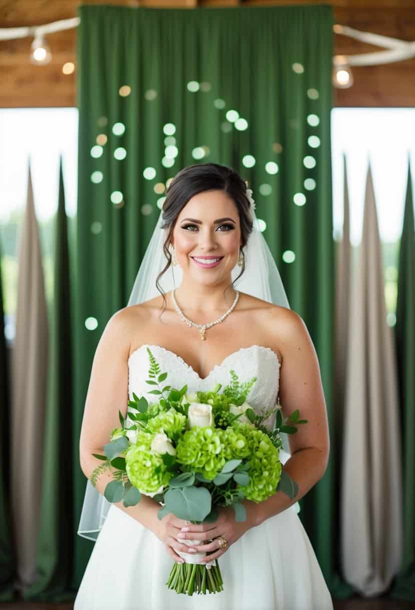 A bride holding a chartreuse bouquet against a backdrop of army green decor