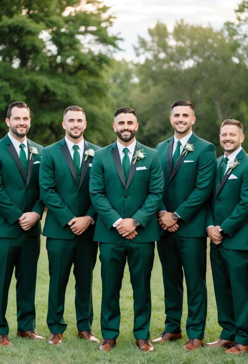 A group of groomsmen in matching army green suits stand together, creating a cohesive and stylish look for a wedding party